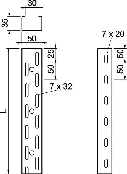 Teknisk ritning av en metallisk kantprofil med slitsade hål. Mått: 30x35 mm tvärsnitt, hål 7x20 mm, 50 mm mellanrum.