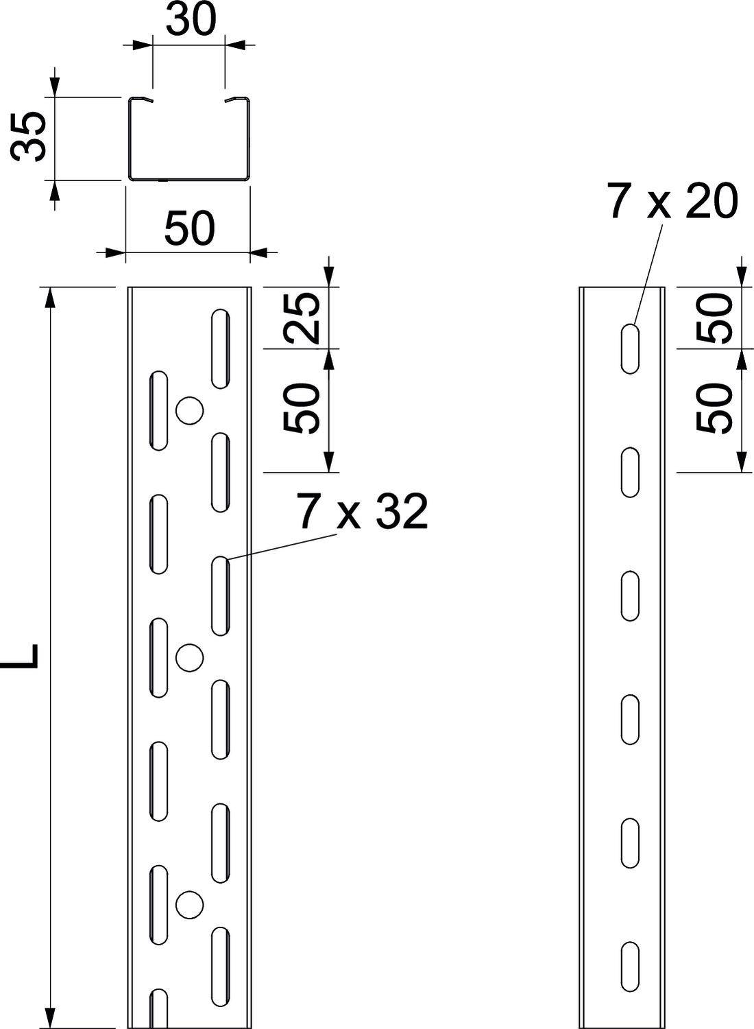 Teknisk ritning av en metallprofil med mått: Höjd 50, bredd 30, djup 35 mm. Hålstorlekar och avstånd noggrant angivna.