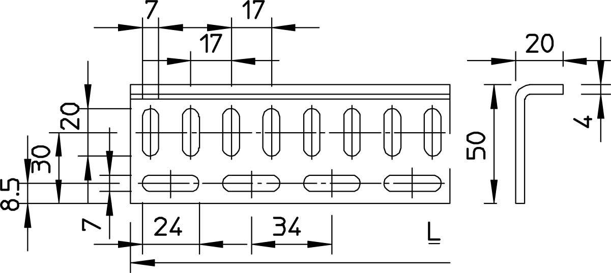 Teknisk ritning av en metallhållare med L-formad profil. Visar mått för hål och avstånd: 8,5 mm höjd, 50 mm längd.