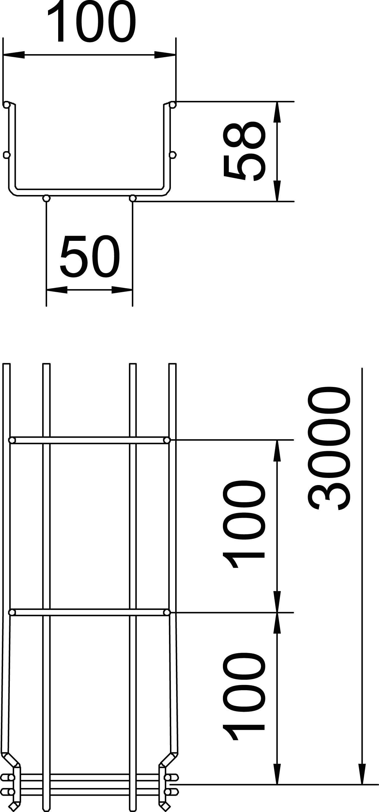 Figuren visar tekniska teckningar av två profilvyer av en komponent med måtten: bredd 100 mm, höjd 58 mm, längd 3000 mm.