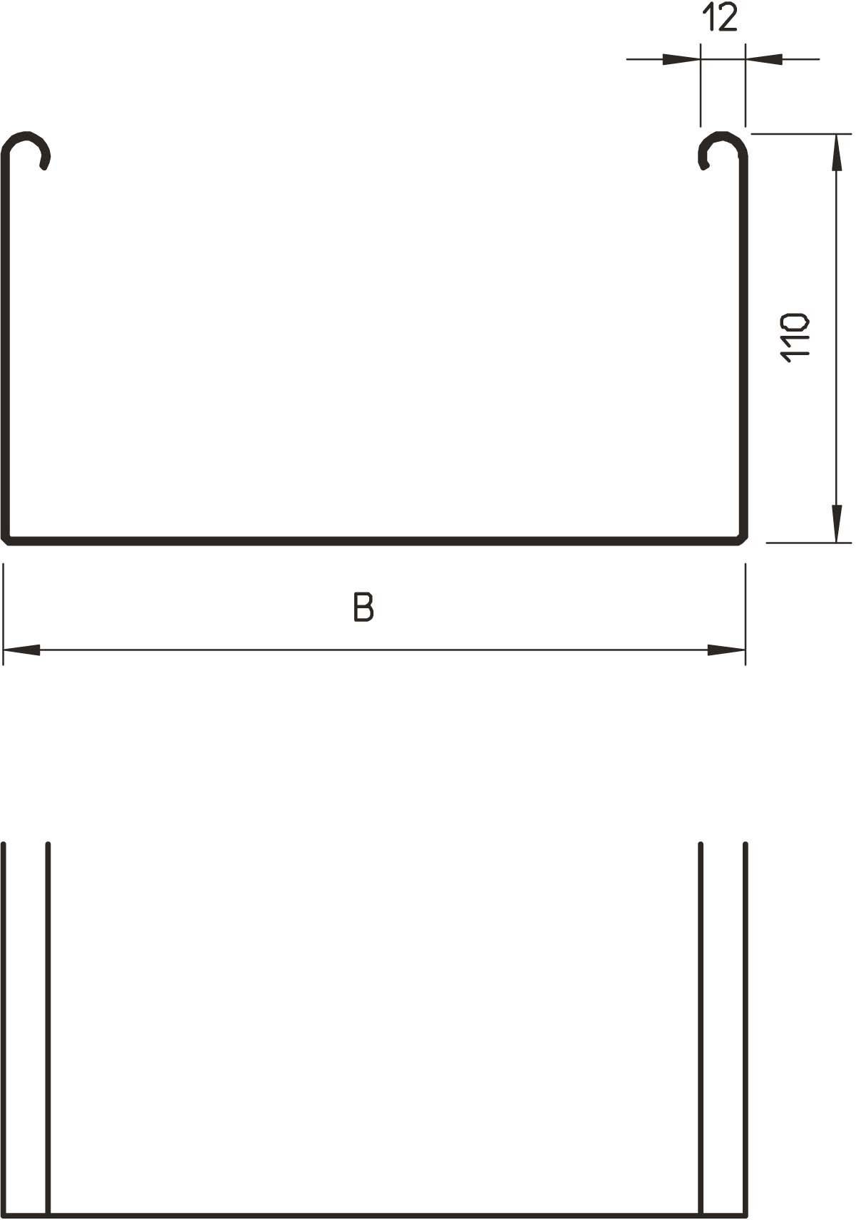 Teknisk ritning av en U-formad metallprofil, med höjd 110 mm och överkanter med 12 mm krok. Bredd märkt med 'B'.