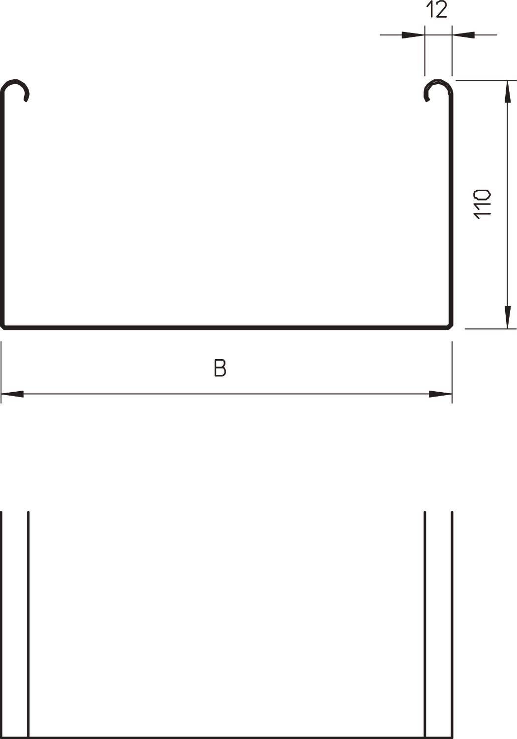 Teknisk ritning av en U-profil med mått: Höjd 110, bredd B, kantkrökning 12 mm.