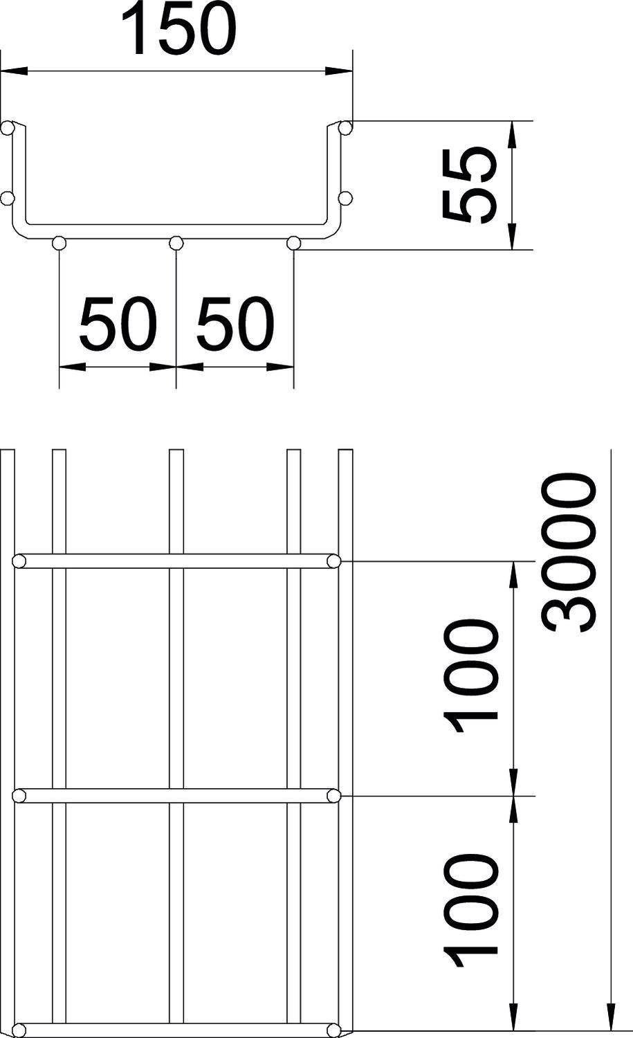 Teknisk ritning av en metallram. Ovanför: Profilvy, bredd 150, höjd 55. Nedanför: Frontvy, höjd 3000, horisontella avstånd 100.