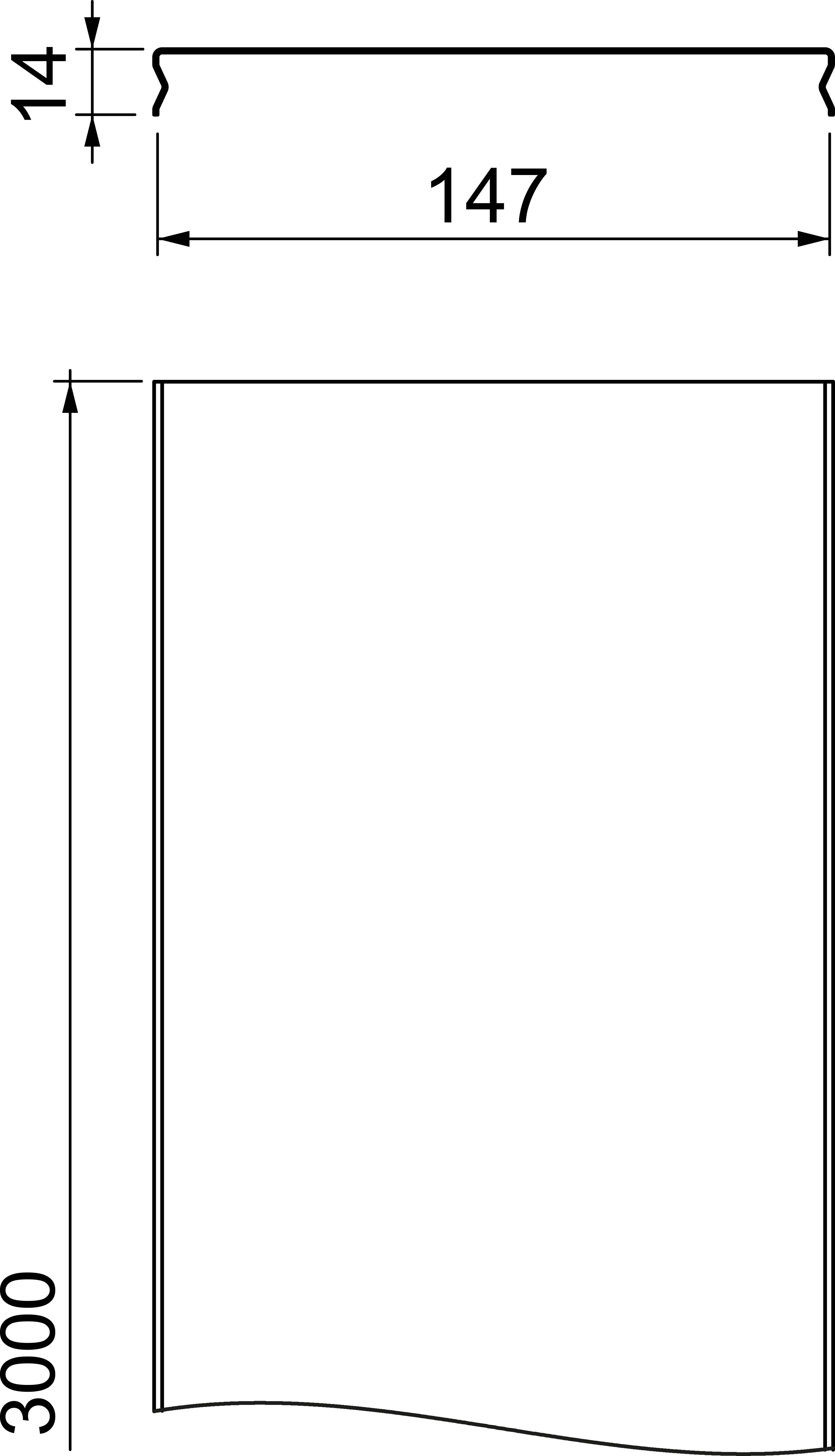 Teknisk teckning av ett rektangulärt objekt med måtten 147 mm bredd och 3000 mm höjd. En böjd kant överst.