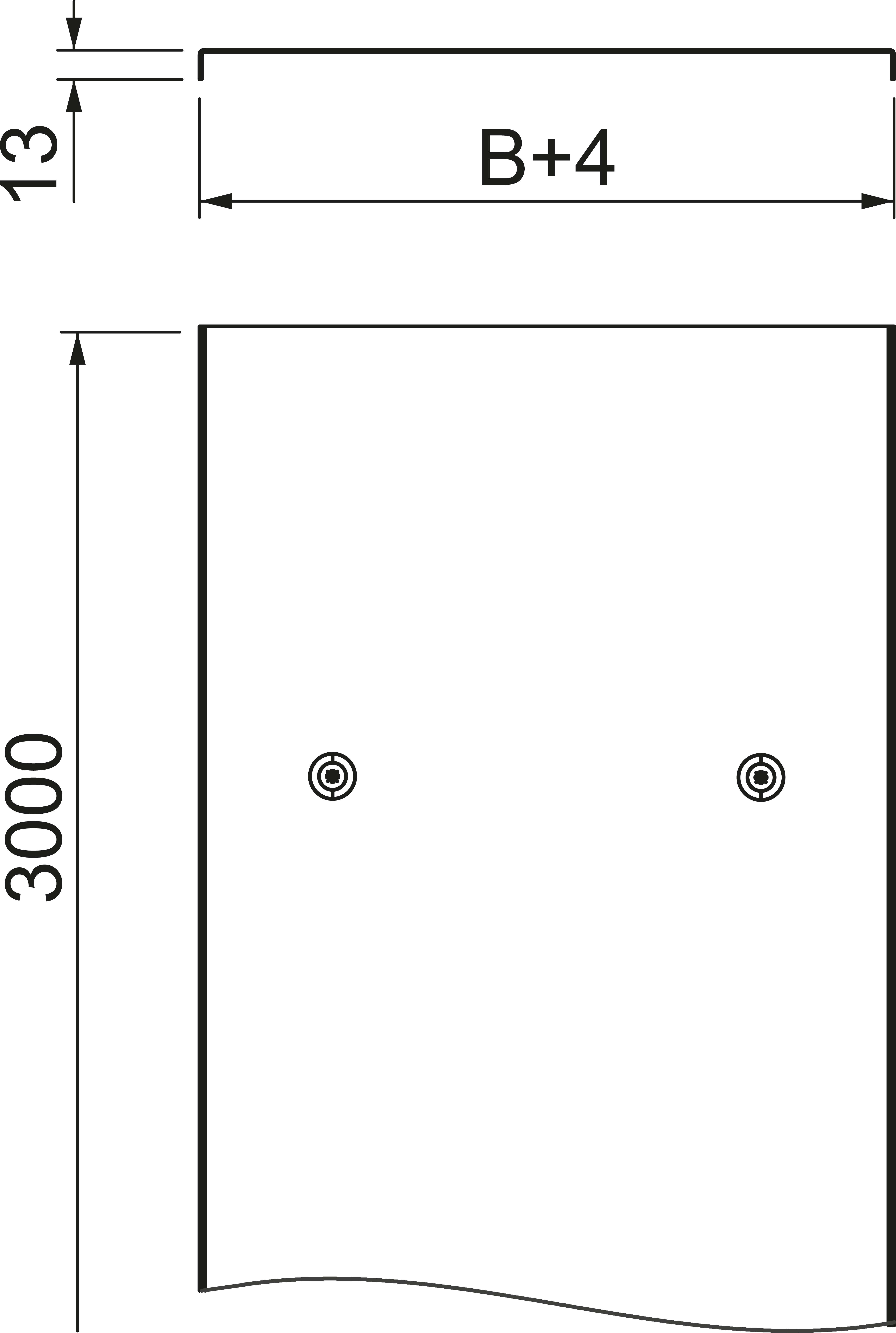 Planvy av ett rektangulärt byggnadselement med dimensioner: längd 3000, bredd B+4, höjd 13.