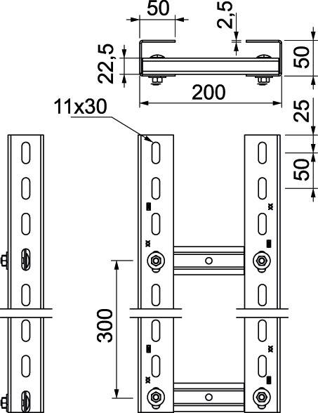 'Monteringsritning för en metallhållare med dimensionsangivelser: 300 mm höjd, 200 mm bredd. Fästhål: 11x30 mm, avstånd 50 mm.'