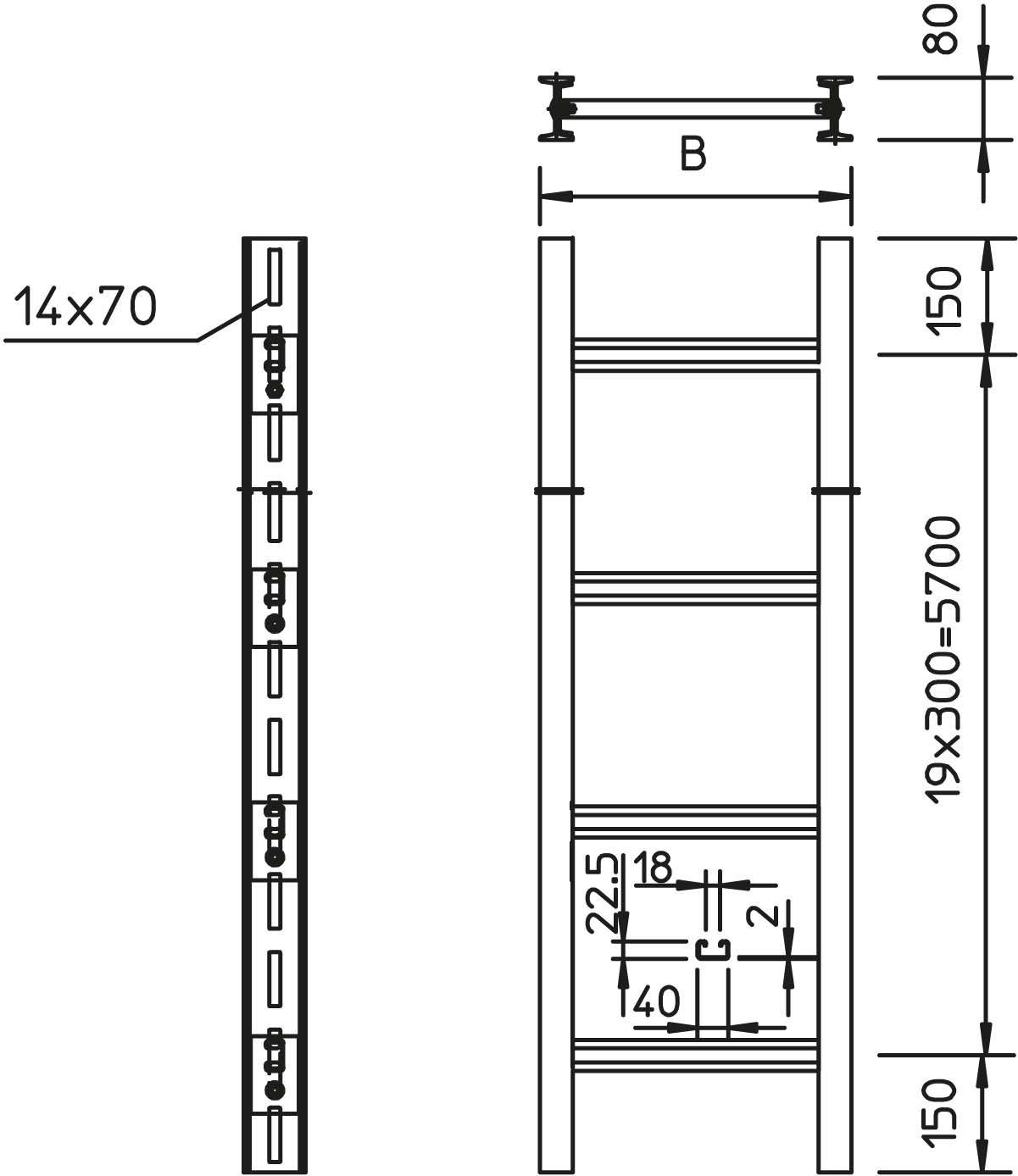 En teknisk ritningsskiss av en stege med dimensionsangivelser. Till vänster sidoprofilen med detaljer, till höger frontvy med höjdangivelser.