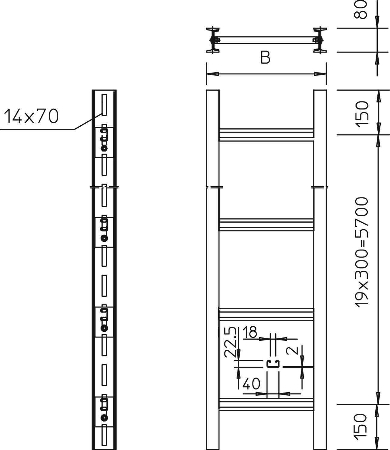 Teknisk ritning av en hylla med mått: Höjd 5700 mm, bredd 'B', djup 150 mm. Detaljer av hyllplan och anslutningar.