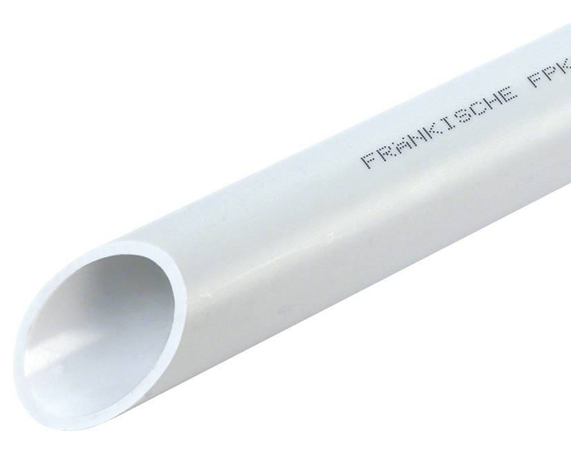 Vit plastslang med påskriften 'FRÄNKISCHE'. Visar rörets material och storlek i genomskärning.
