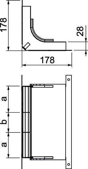 Teknisk ritning visar två vyer av en rektangulär komponent med dimensionerna 178 mm x 28 mm och en sidovy med kurvmått.