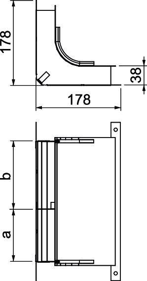 Teknisk ritning visar sido- och frontvy av en rektangulär komponent med dimensionerna 178 mm x 38 mm.
