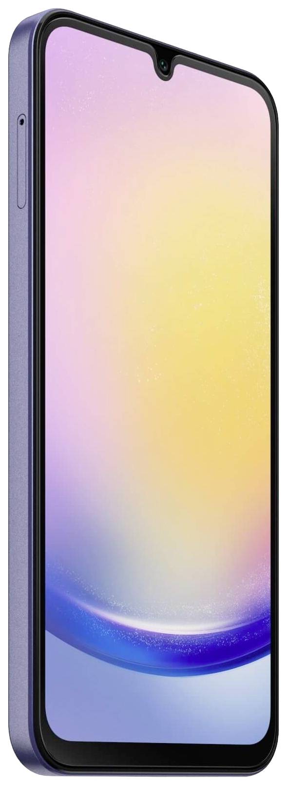 En smartphone med en violett ram och en skärm som visar en färggradient från gult till blått.