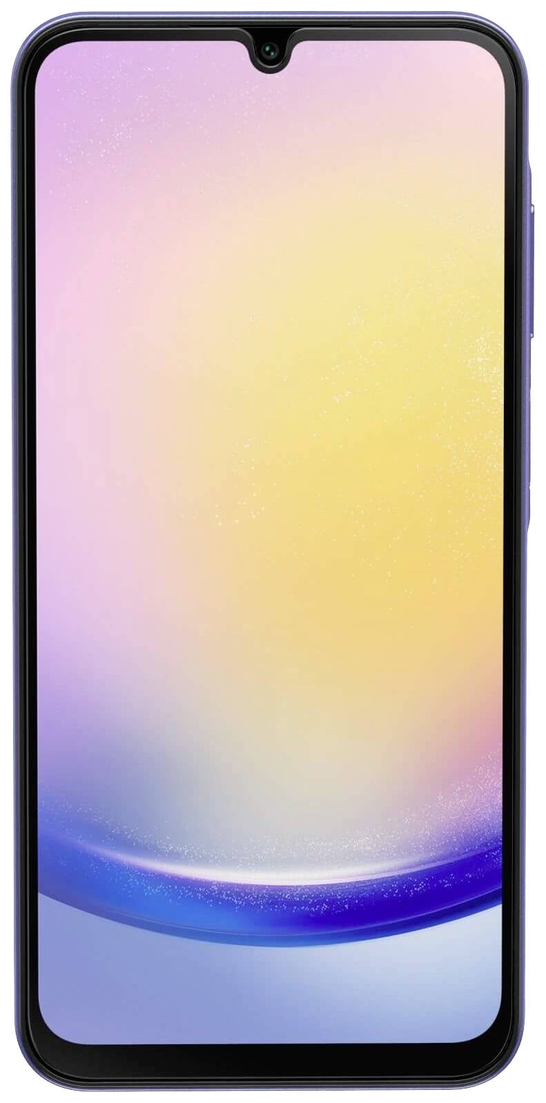 Smartphone med en stor skärm och smal ram där en färggradientbakgrund visas.