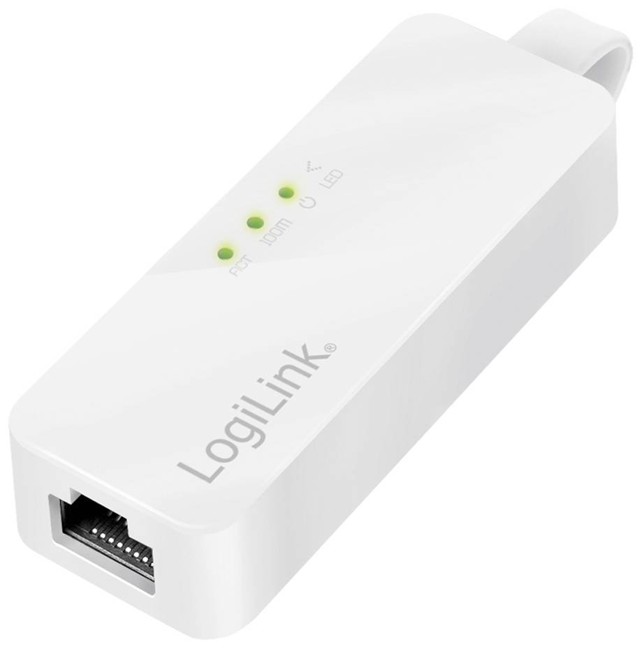'LogiLink' Adapter, vit, med Ethernet-anslutning och två LED-indikatorer. Perfekt för anslutning av enheter via kabelbaserade nätverk.
