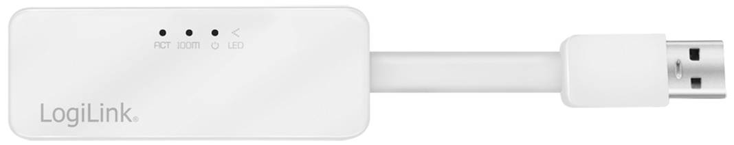 En vit USB-adapter från LogiLink med tre LED-indikatorer och en USB-kontakt på höger sida.