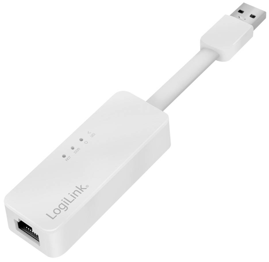 Nätverksadapter från LogiLink i vitt, med USB-anslutning och Ethernet-port, lämplig för att ansluta en dator till ett nätverk via USB.