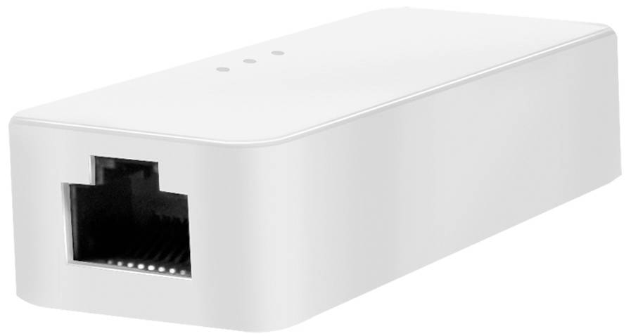 En vit, rektangulär nätverksadapter med en Ethernet-port på framsidan. Lämplig för trådbundna anslutningar.
