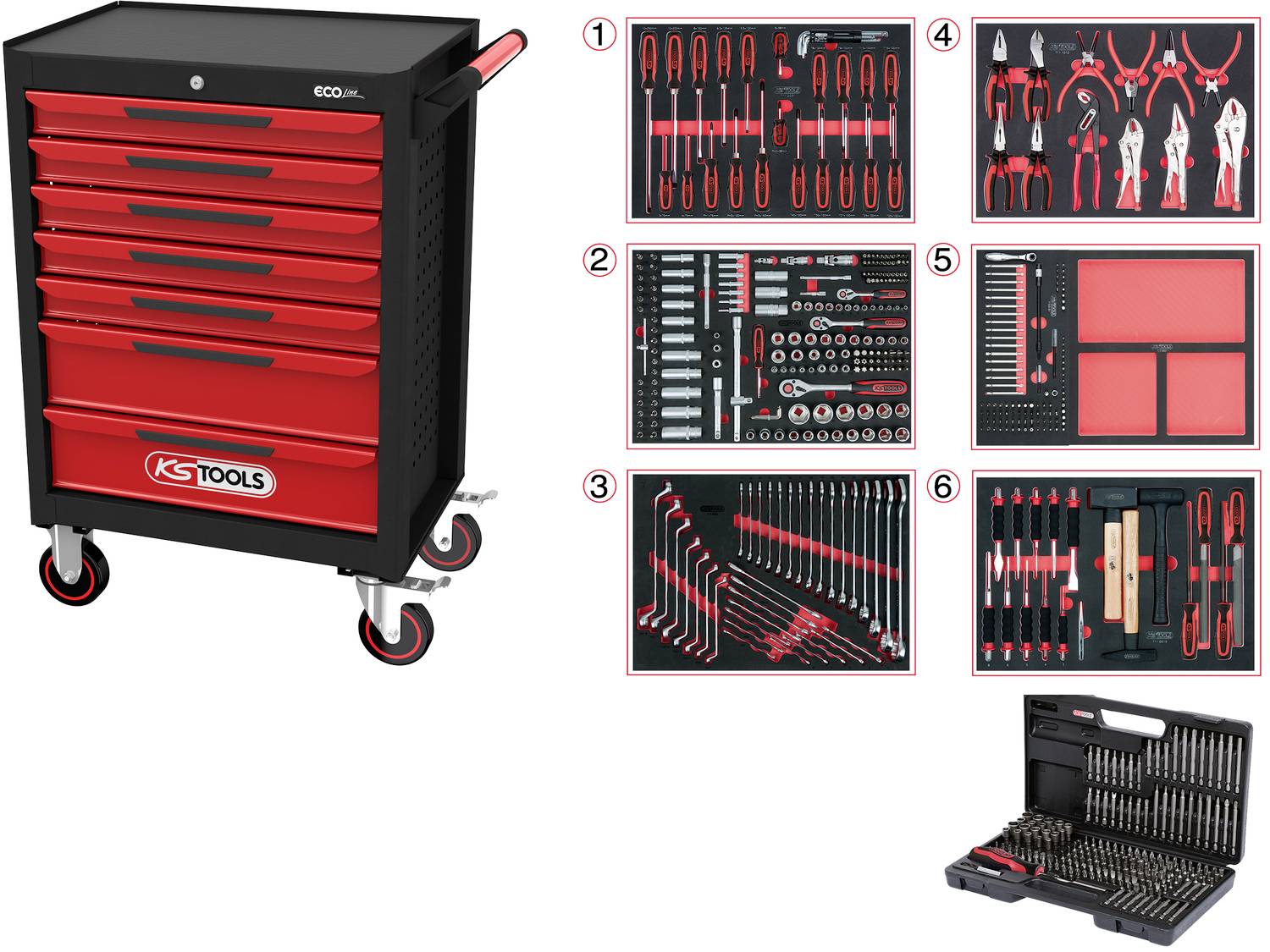 Verktygsvagn med sex röda lådor, fylld med diverse handverktyg, däribland skruvmejslar, tänger och hylsnycklar.