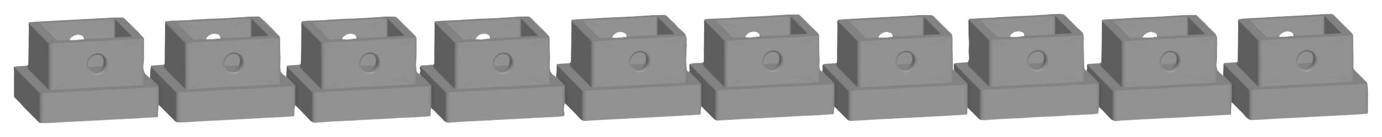 Nio identiska grå plastclips i en rad på en vit bakgrund.