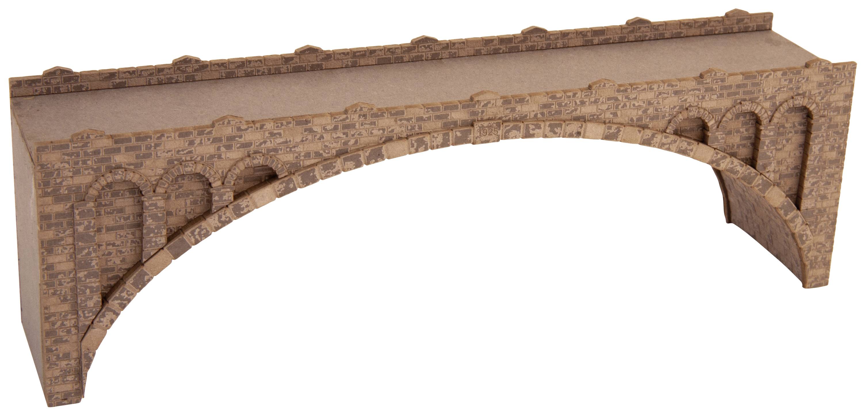 En modell av en viadukt i brunt tegel, med flera valv.