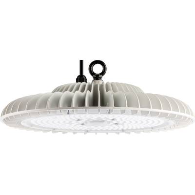 Hängande LED-lampa med ringformad design och sval, metallisk yta, lämplig för storskalig belysning.