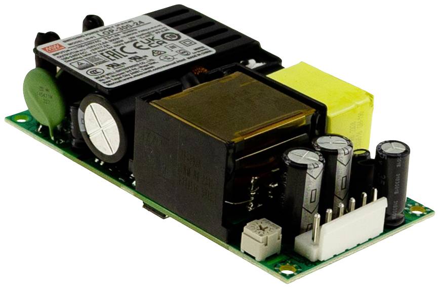 Ett switcha nätaggregatsmodul med flera elektroniska komponenter, inklusive kondensatorer och en transformator, monterade på ett kretskort.
