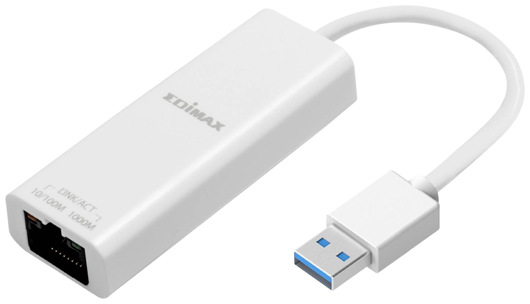 En vit USB 3.0-till-Gigabit Ethernet-adapter med en RJ-45-port på ena sidan och en USB-anslutning på den andra.