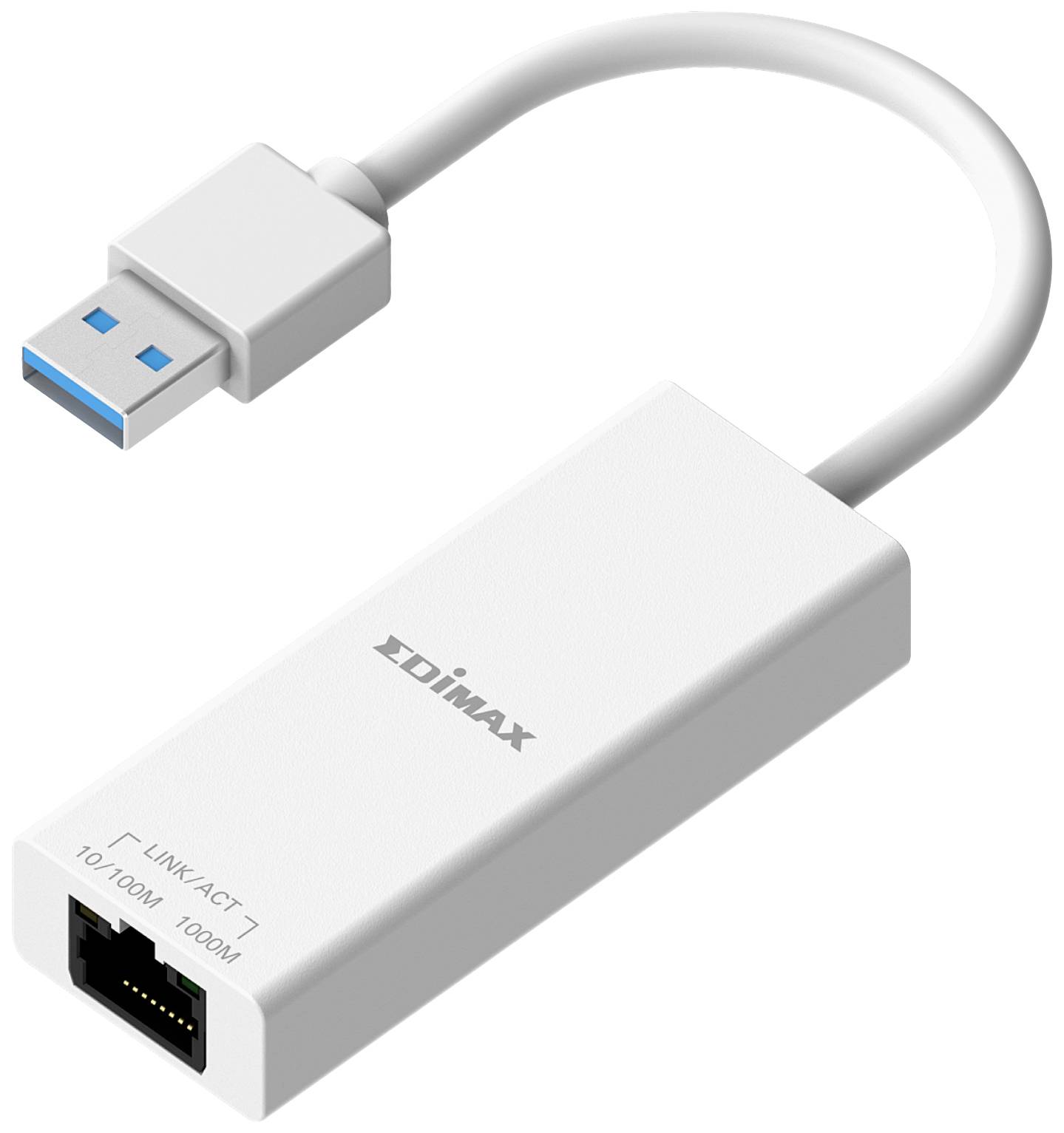 En USB 3.0-till-Ethernet-adapter från Edimax med vitt hölje, lämplig för att ansluta enheter till ett trådbundet nätverk.
