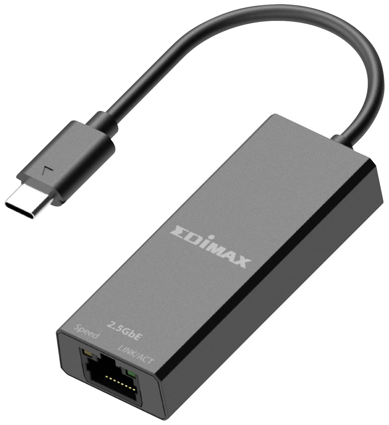Grå-svart USB-C till Ethernet-adapter med en Ethernet-port, märkt med 'Edimax' och '2.5GbE' för snabba nätverksanslutningar.