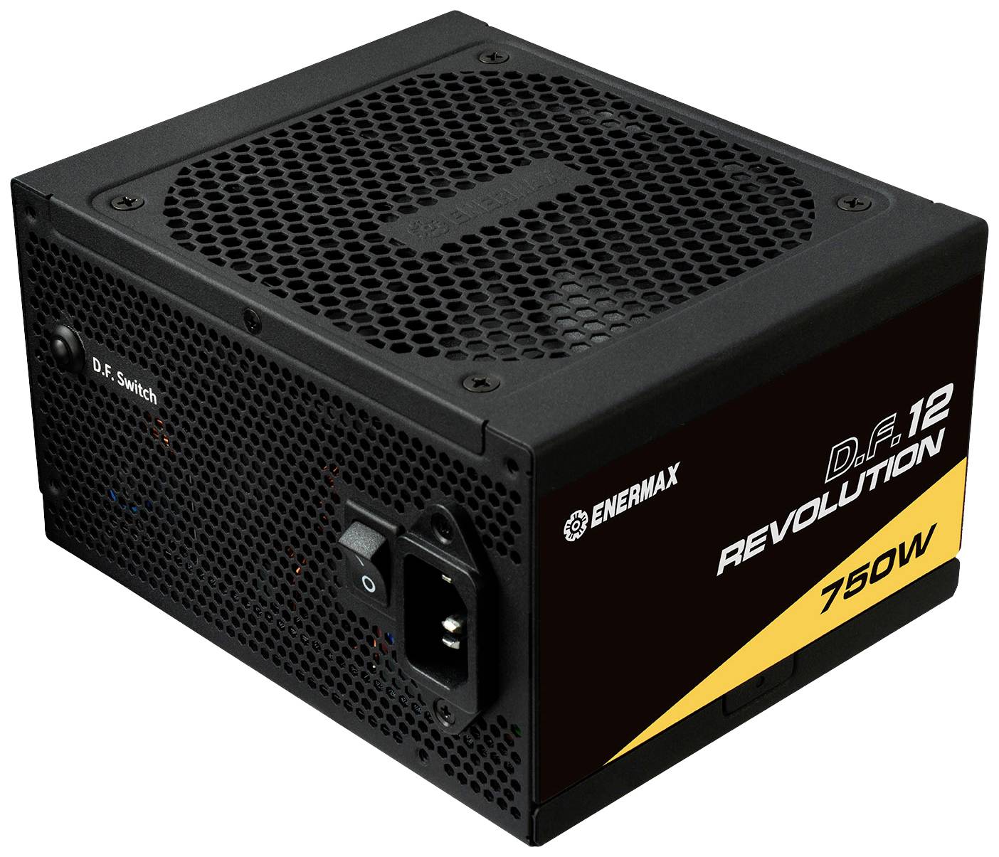 Ett svart Enermax Revolution D.F. 750W datorströmförsörjningsaggregat med fläktgaller, D.F-omkopplare och gul accent på sidan.