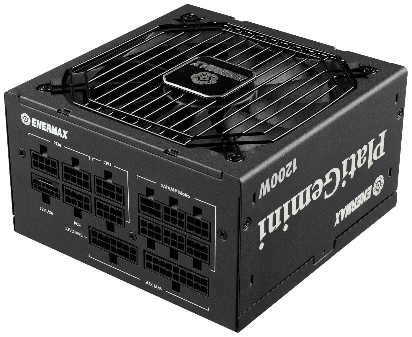 En PC-strömförsörjning från Enermax med 1200W, modell Platimax, visar flera anslutningsplatser för PC-komponenter.