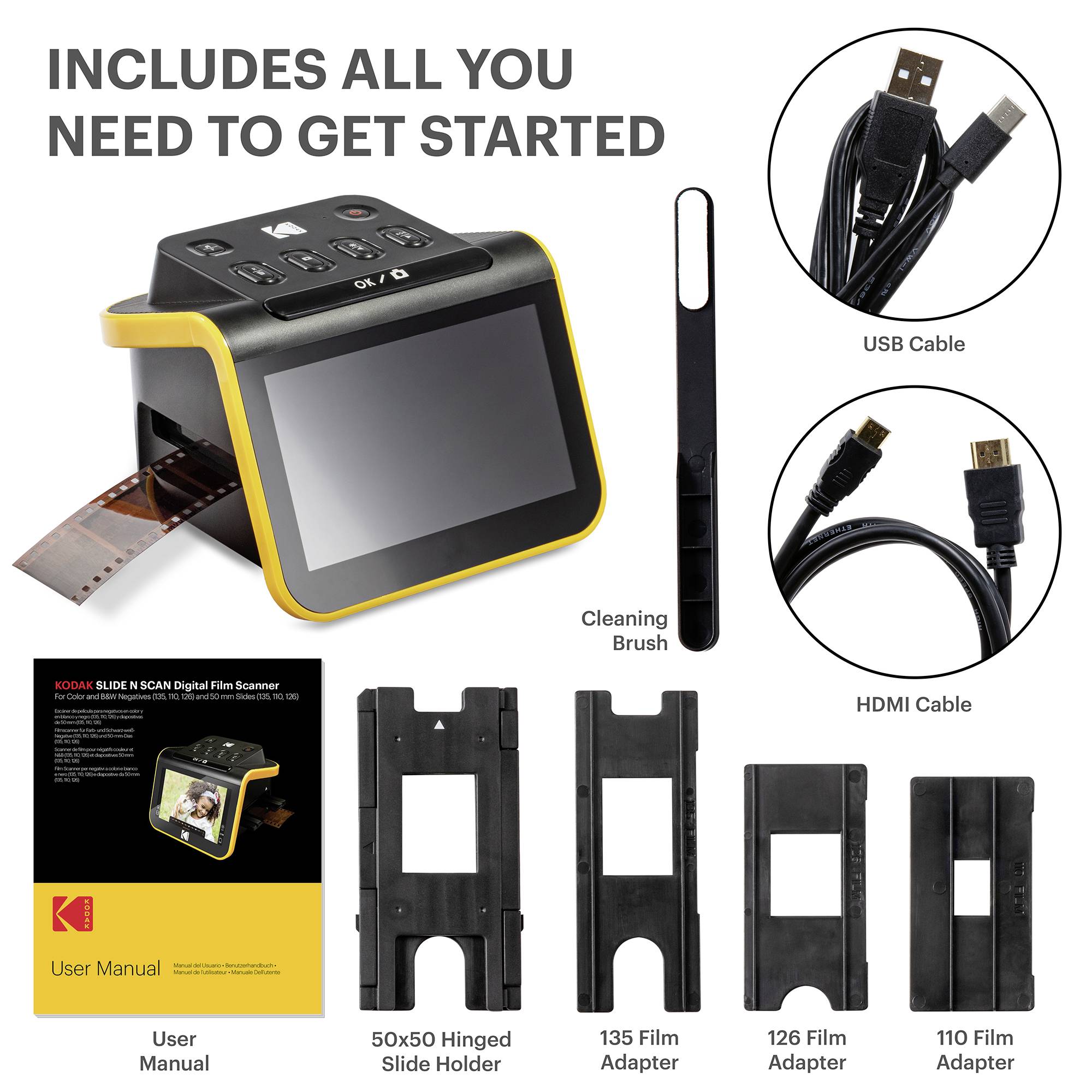 Digitalt filmskannerset med skanner, USB- och HDMI-kabel, rengöringsborste, användarhandbok och film- respektive diabearbetningsadapter.
