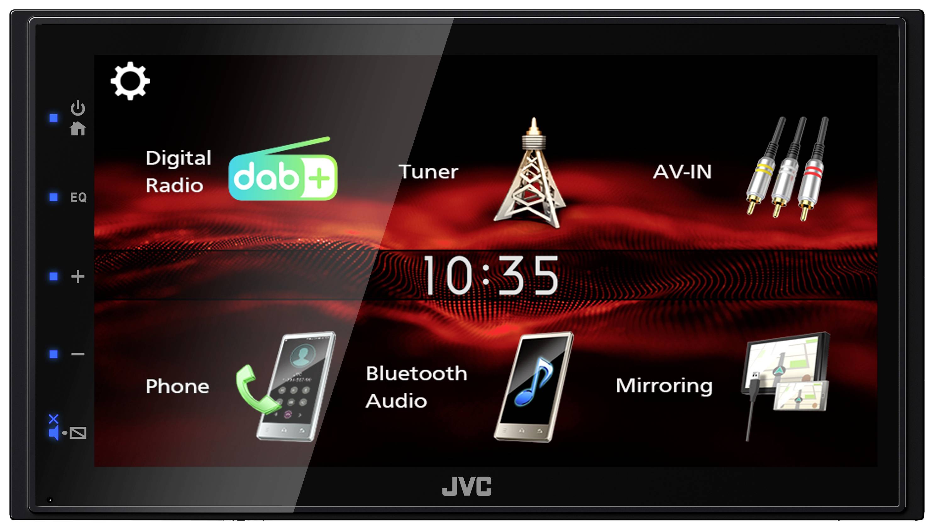 JVC-bilradio-display visar tiden '10:35', appar för digitalradio, tuner, AV-IN, telefon, Bluetooth-ljud och skärmspegling.