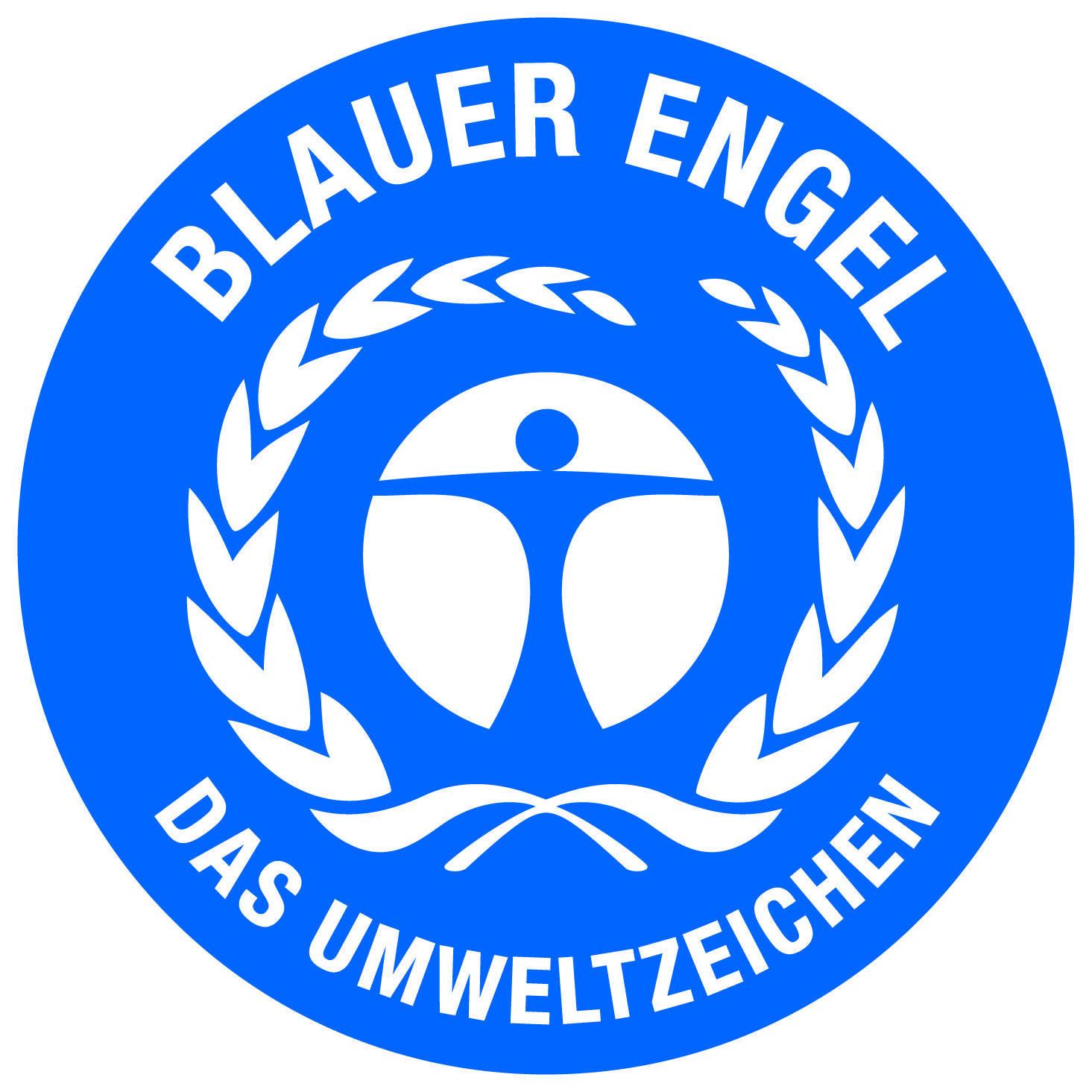 Blå Ängeln-logotyp, en miljömärkning, visar en stiliserad person i en cirkel, omgiven av ett lagertränskrans, med texten 'Blå Ängeln – Miljömärket'.