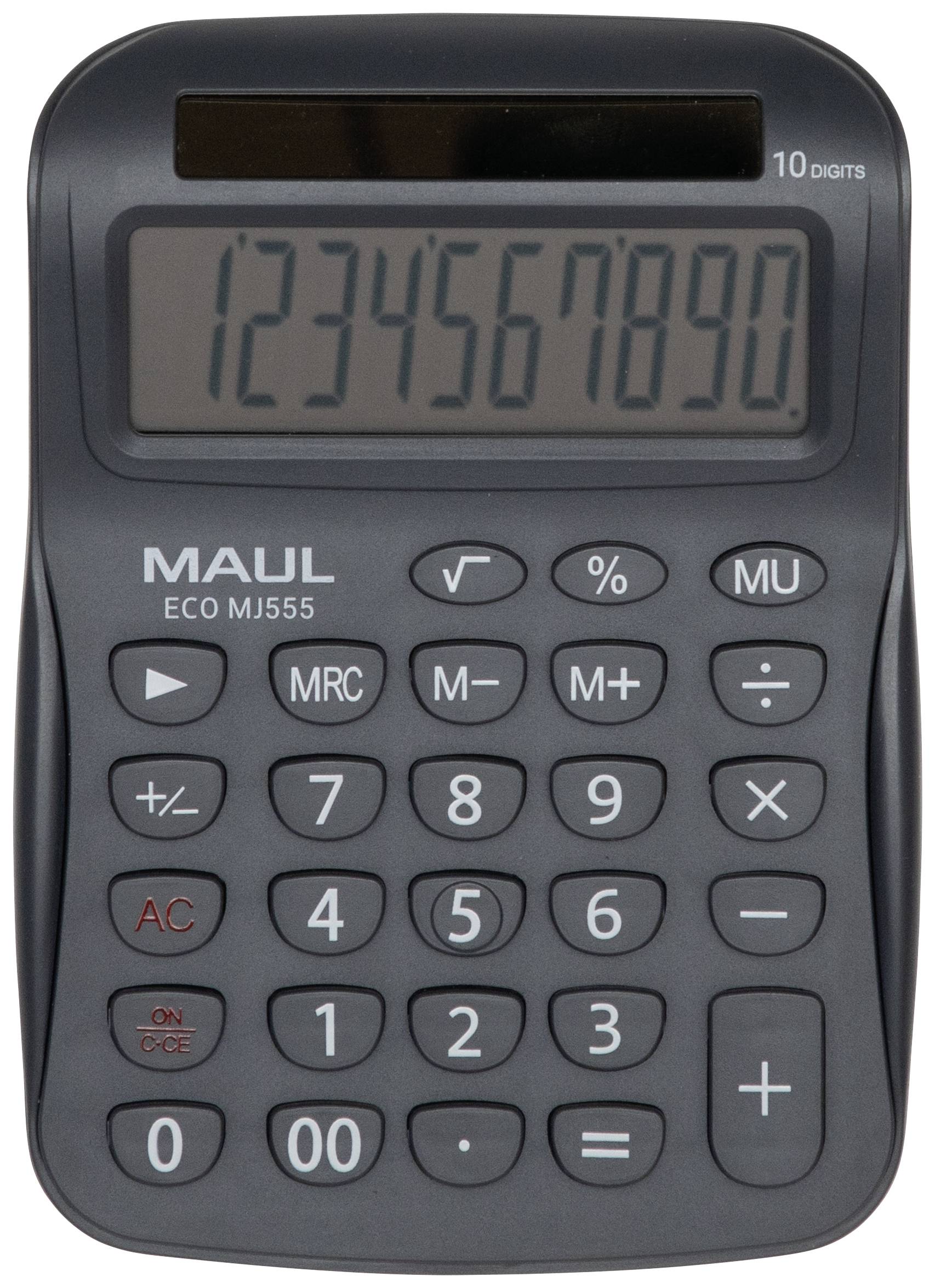 En svart miniräknare visar siffersekvensen '1234567890' på sin display. Ovanför finns funktionsknappar som M+, MR, MC.