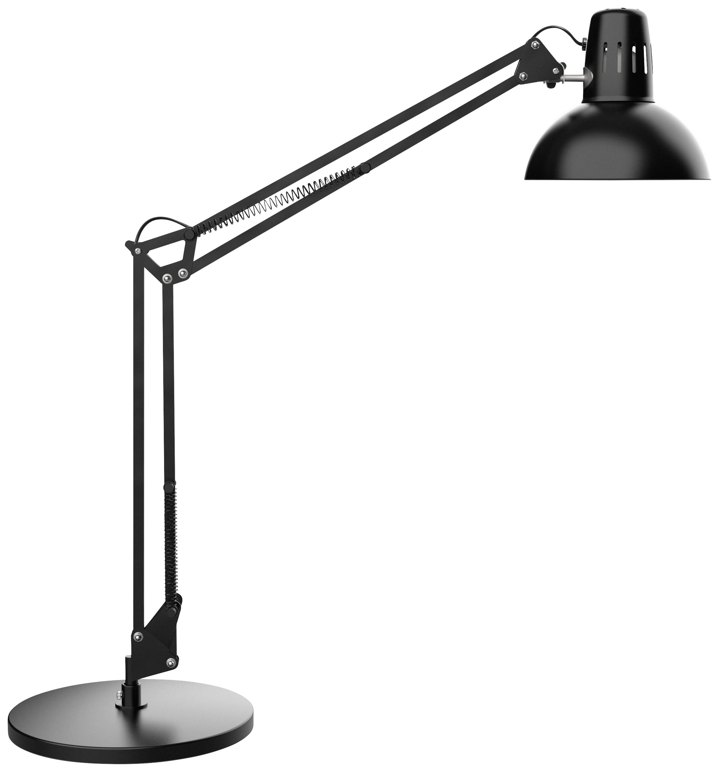 Svart skrivbordslampa med justerbar arm och rund bas; modern och funktionell belysningslösning.