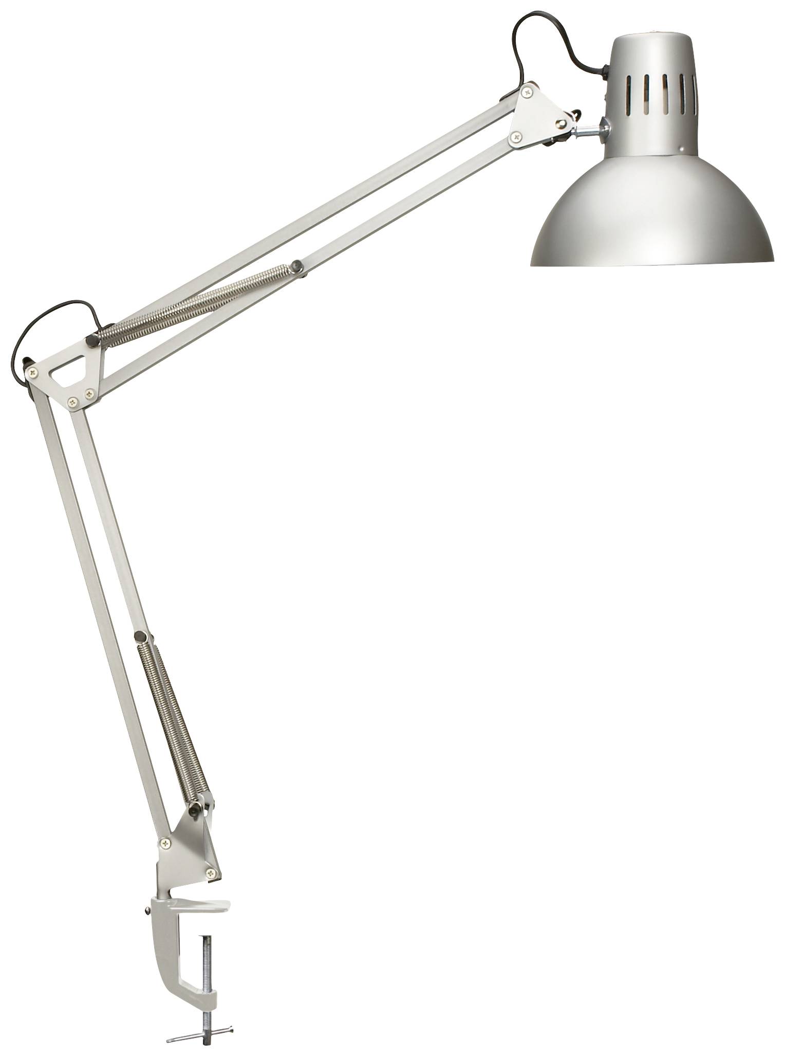 Silverfärgad skrivbordslampa med justerbar arm och klämfäste för montering vid bordskanten.