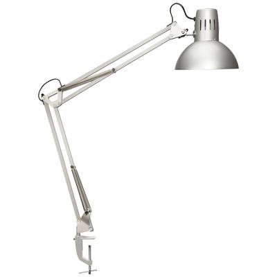 Silverfärgad skrivbordslampa med justerbar arm och klämfäste för montering vid bordskanten.