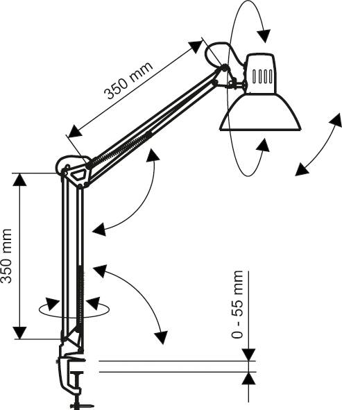 Justerbar skrivbordslampa med klämfäste, två 350 mm långa armar, vridbart lamphuvud och höjdjustering från 0-55 mm.