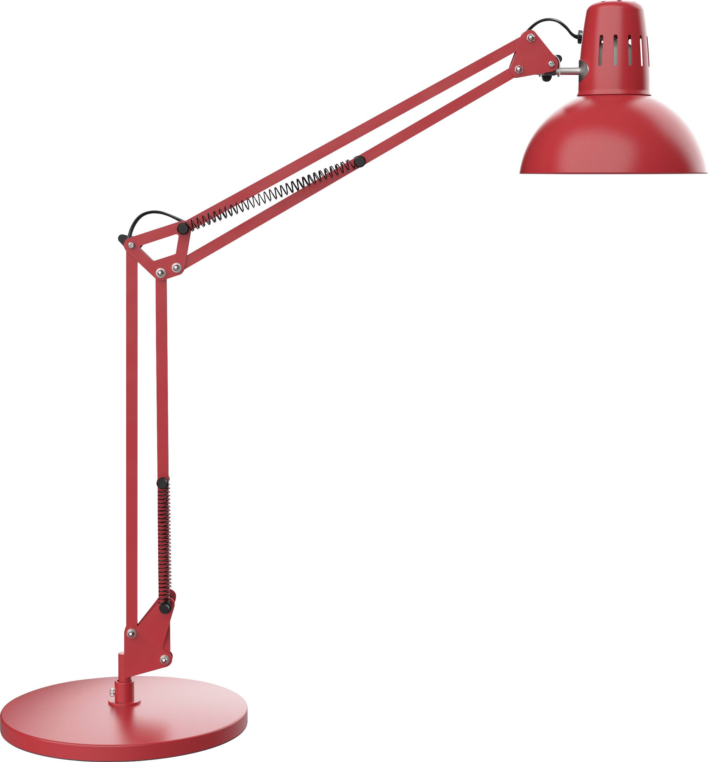 Röd skrivbordslampa med justerbar arm och cirkelformad bas, enkelt design, lämplig för belysning av ett arbetsområde.