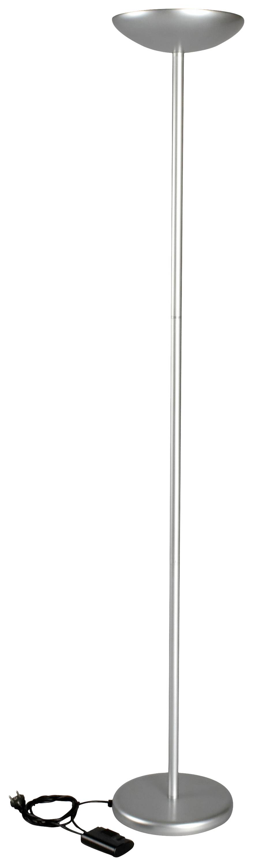Golvlampa i metall med rund sockel och skålformad lampskärm, silverfärgad, med svart sladd och strömbrytare.