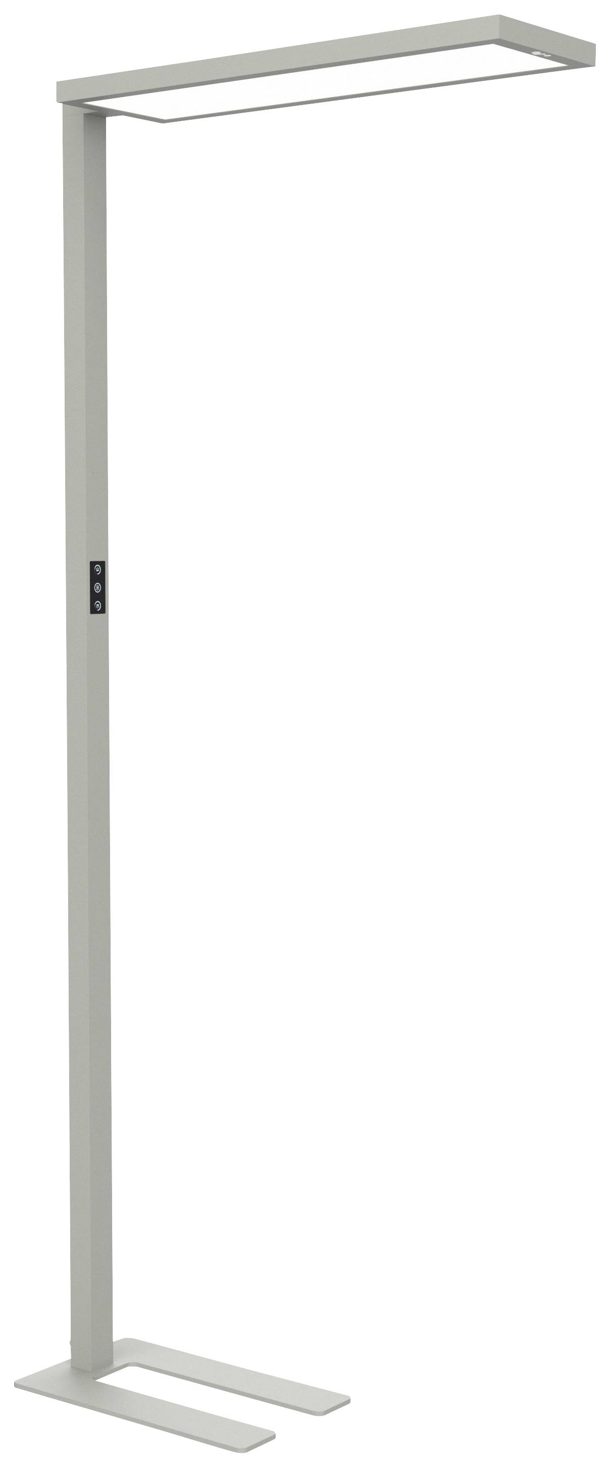 En modern, hög golvlampa med rektangulär skärm och elegant metallram, lämplig för kontor eller bostadsrum.