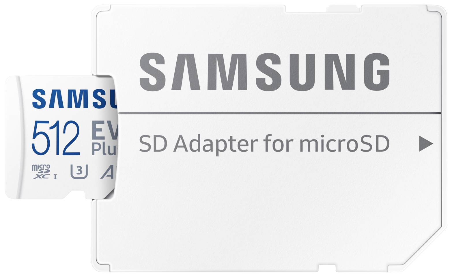 512 GB microSD-kort från Samsung med SD-adapter, EVO Plus-modell, lämplig för smartphones och surfplattor.