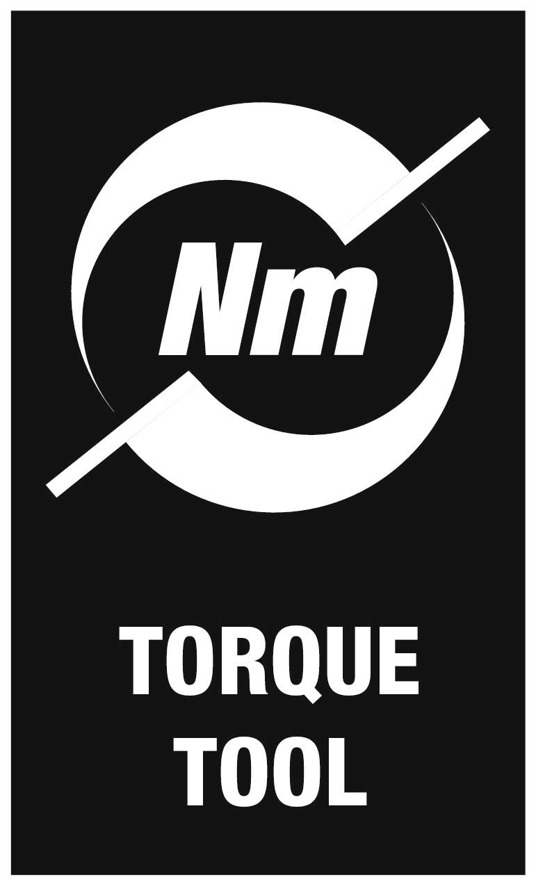 Svart-vitt symbol med 'Nm' i en pilcirkel och texten 'Torque Tool' nedanför, representerar ett vridmomentverktyg.
