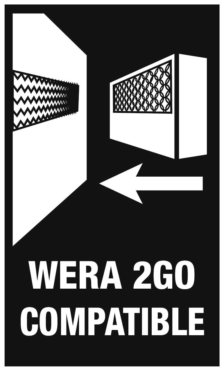 Svart sköld med vit pil och texten 'WERA 2GO COMPATIBLE', visar anslutningsmöjligheten för en produkt till WERA 2GO-systemet.