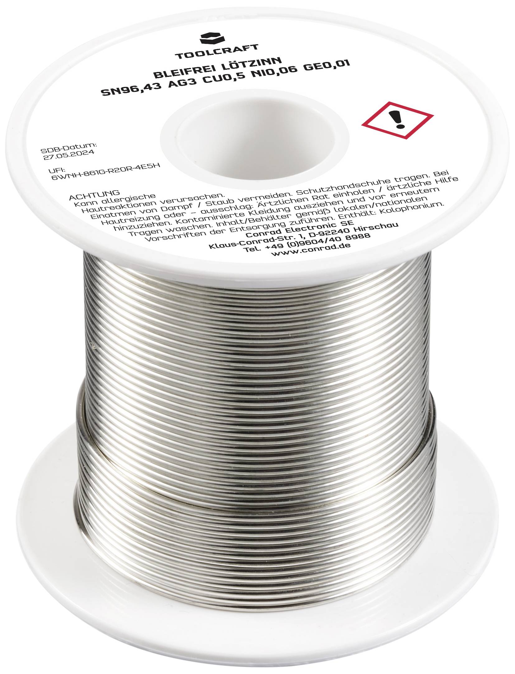 Blyfri lödtråd från TOOLCRAFT, Sn96,43 Ag3 Cu0,5 Ni0,06, Ø 1,0 mm. Rulle med varningssymboler.