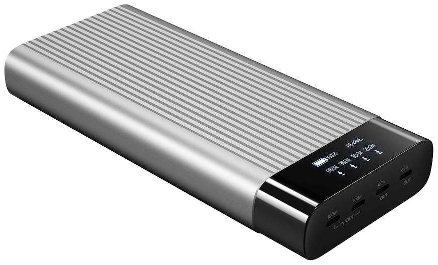 En silverfärgad powerbank med räfflad yta och digital display. Tre USB-portar är synliga.