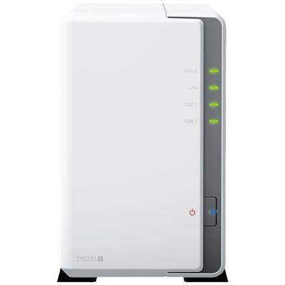 Vitt hölje för en nätverkslagringsenhet med statuslampor för status, LAN, Disk 1 och Disk 2.