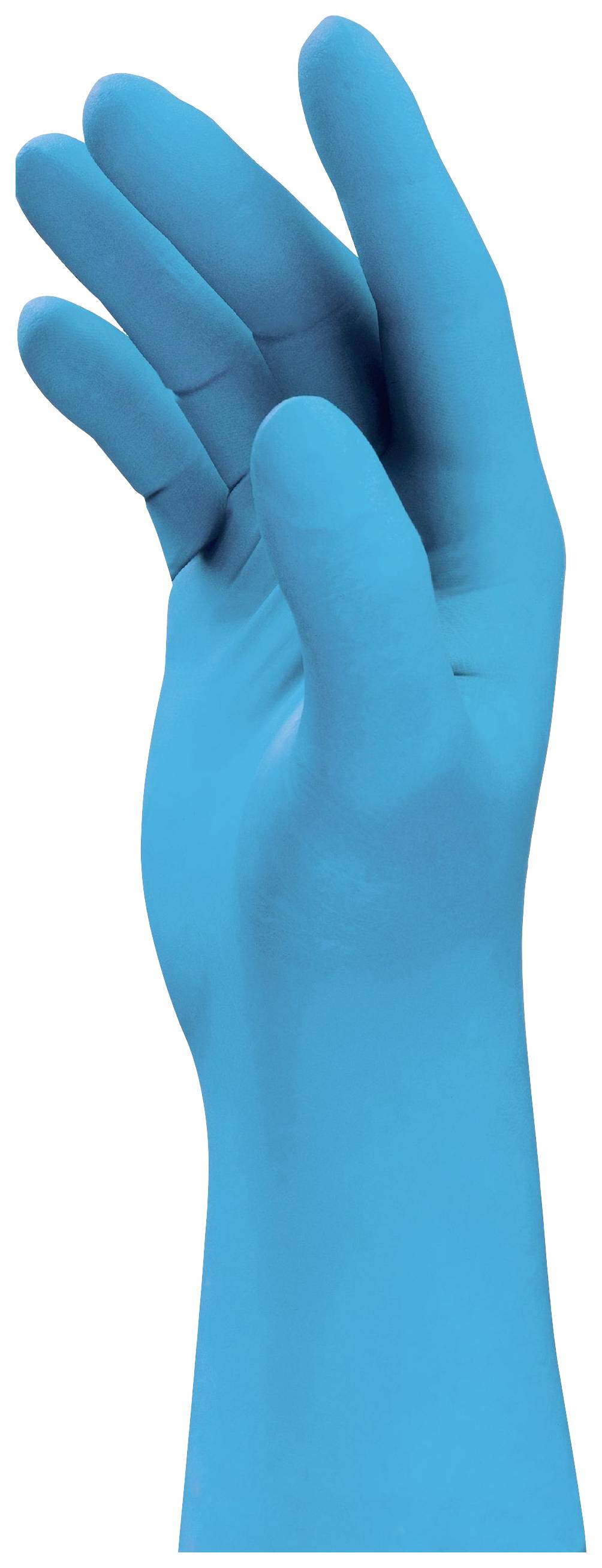 En blå, höjd hand visar en gest, möjligen för att upprätthålla hygien eller i medicinskt syfte.