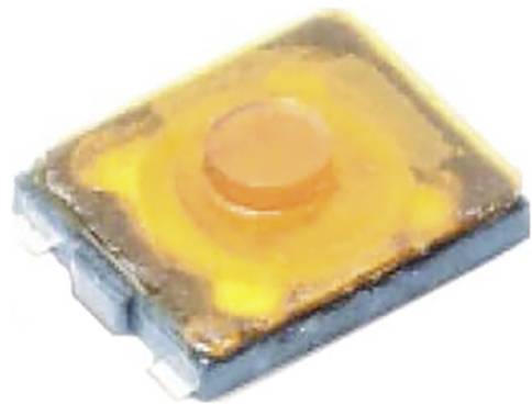 En liten, fyrkantig, orange taktil switch med en upphöjd central knapp, använd i elektroniska enheter för inmatning.